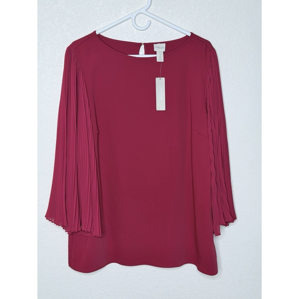 Chicos 2 Tunic Blouse Size L Renaissance Red Pleated Drama Sleeve NWT$89